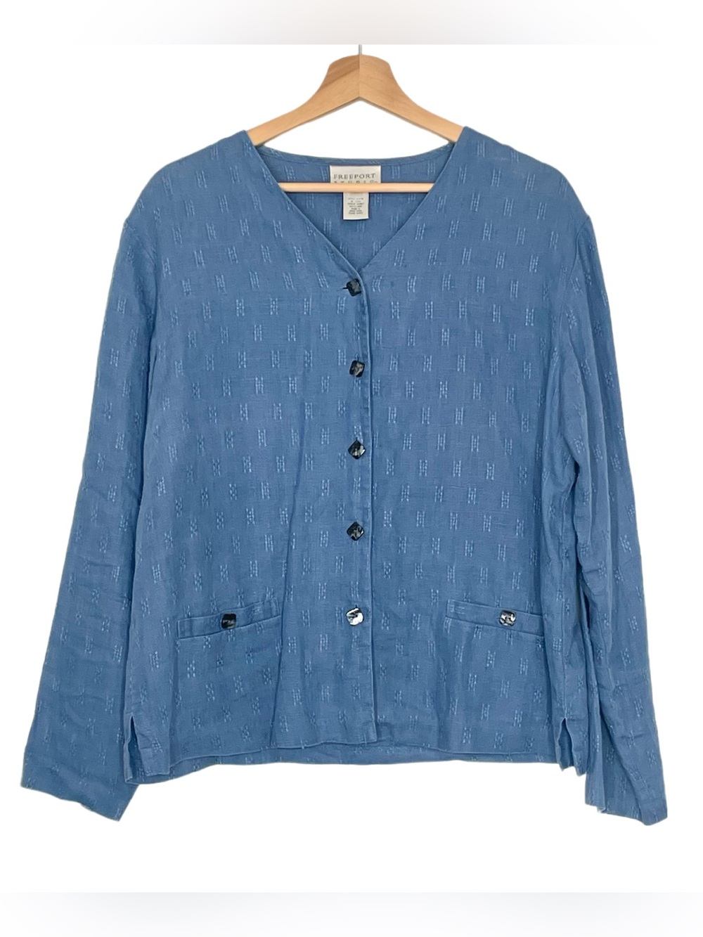 Freeport Studio Blue Linen Button Up Lightweight Jacket Layering Piece Medium